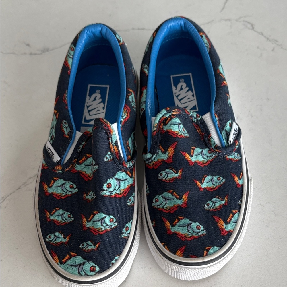 Vans Kids sz 12  Fish Print Slip-On Sneakers - Blue and Black
